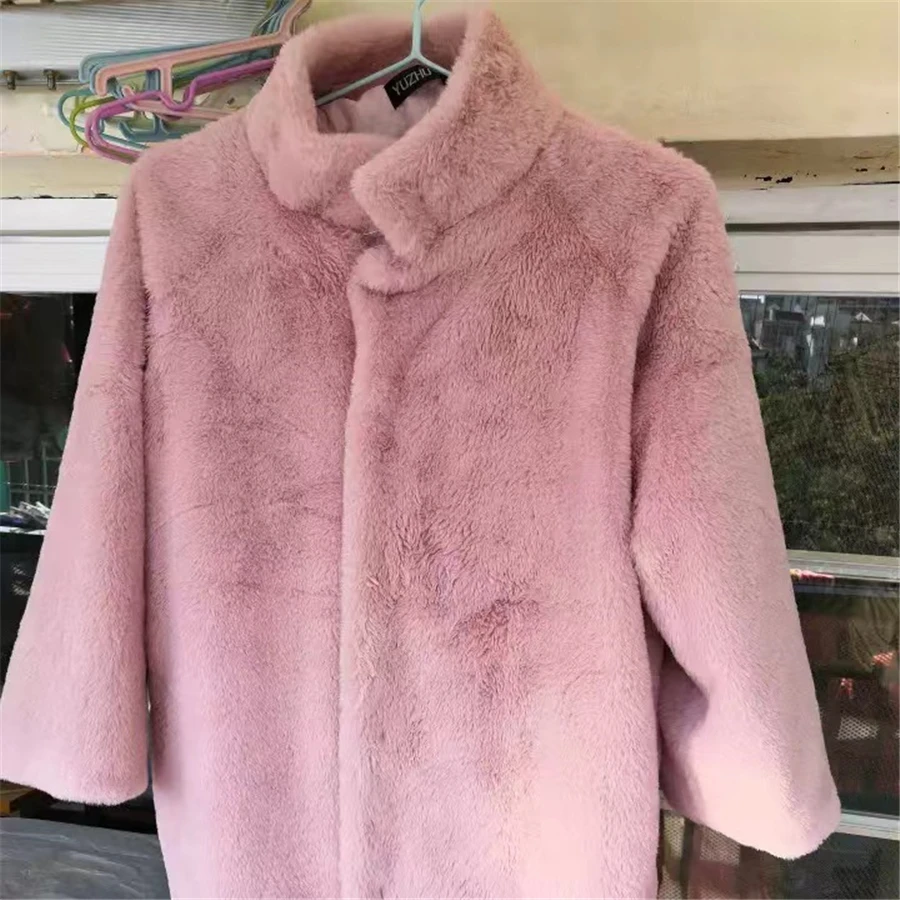 Winter Imitation Mink Faux Fur Coat Plush Long Coat Women Warm Thick Overcoat Furry Soft Cotton Padd Stand Collar Loose Jackets