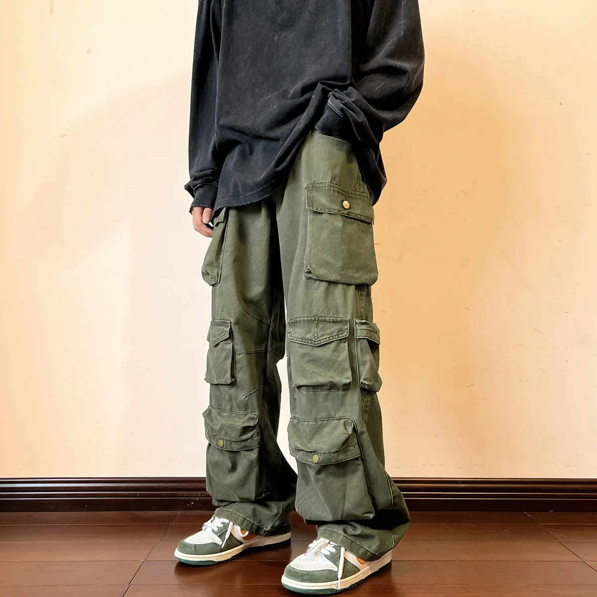 

Cargo Pants Multi-Pocket Overalls Harajuku Men's Retro Loose Wide-Leg Pants Street Casual Hip-Hop Straight High Waist Mop Pants