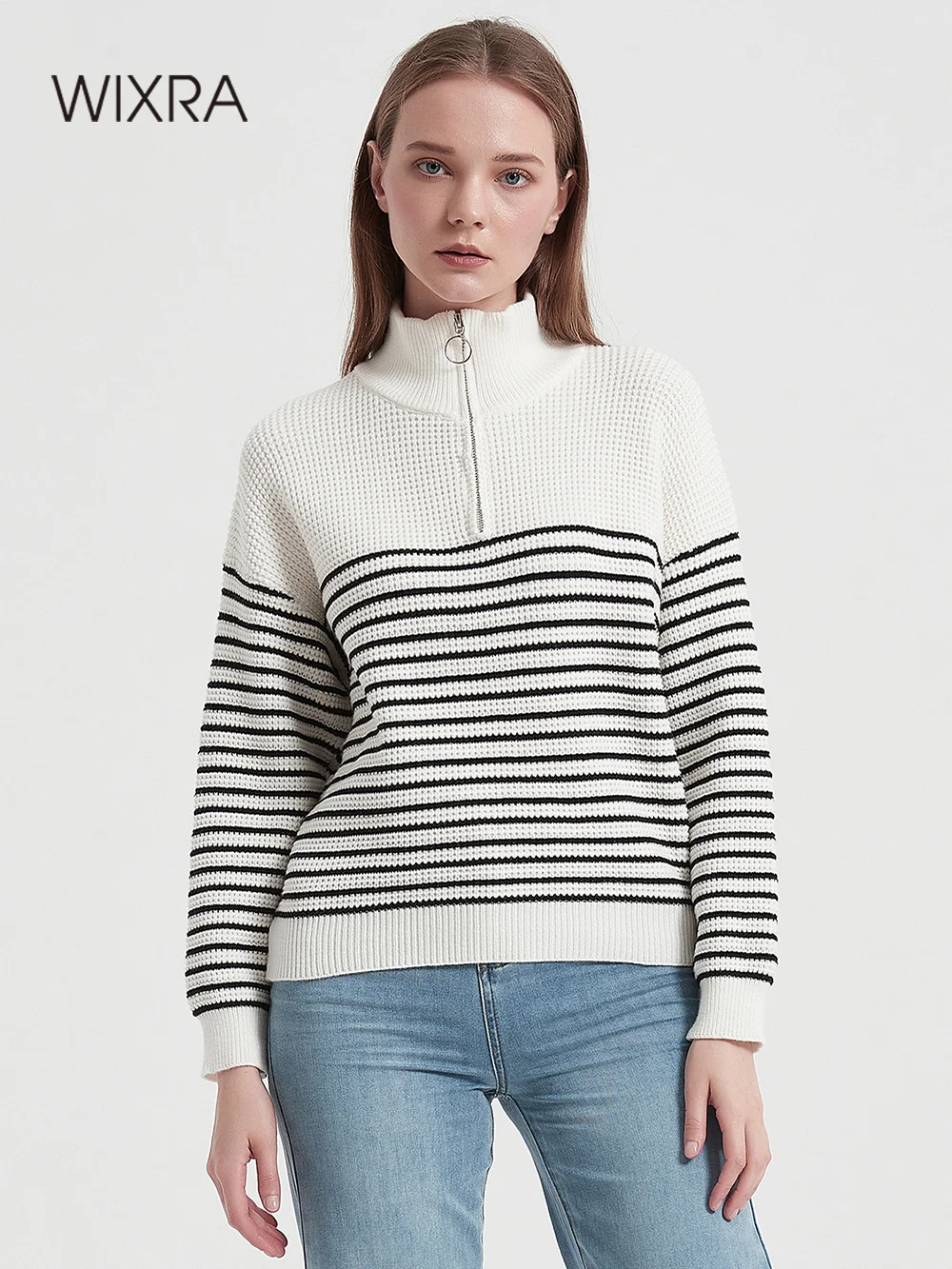 

Wixra Striped Sweater Ladies Jumper Turn Down Collar Pullover Women Full Sleeve High Street Clothing 2022 Autumn Winter