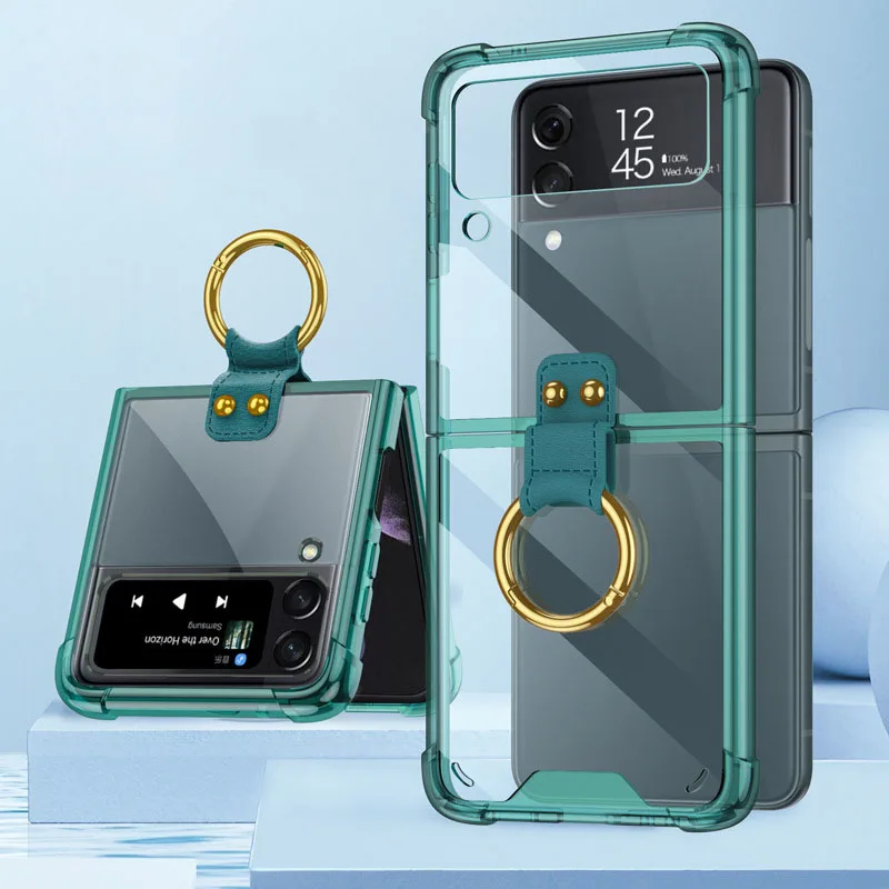 

Mobile Phone Case For Samsung Z Flip 4 3 Transparent Airbag Folding Screen Zflip3 Ring Bracket Fall Proof Cover Zflip4