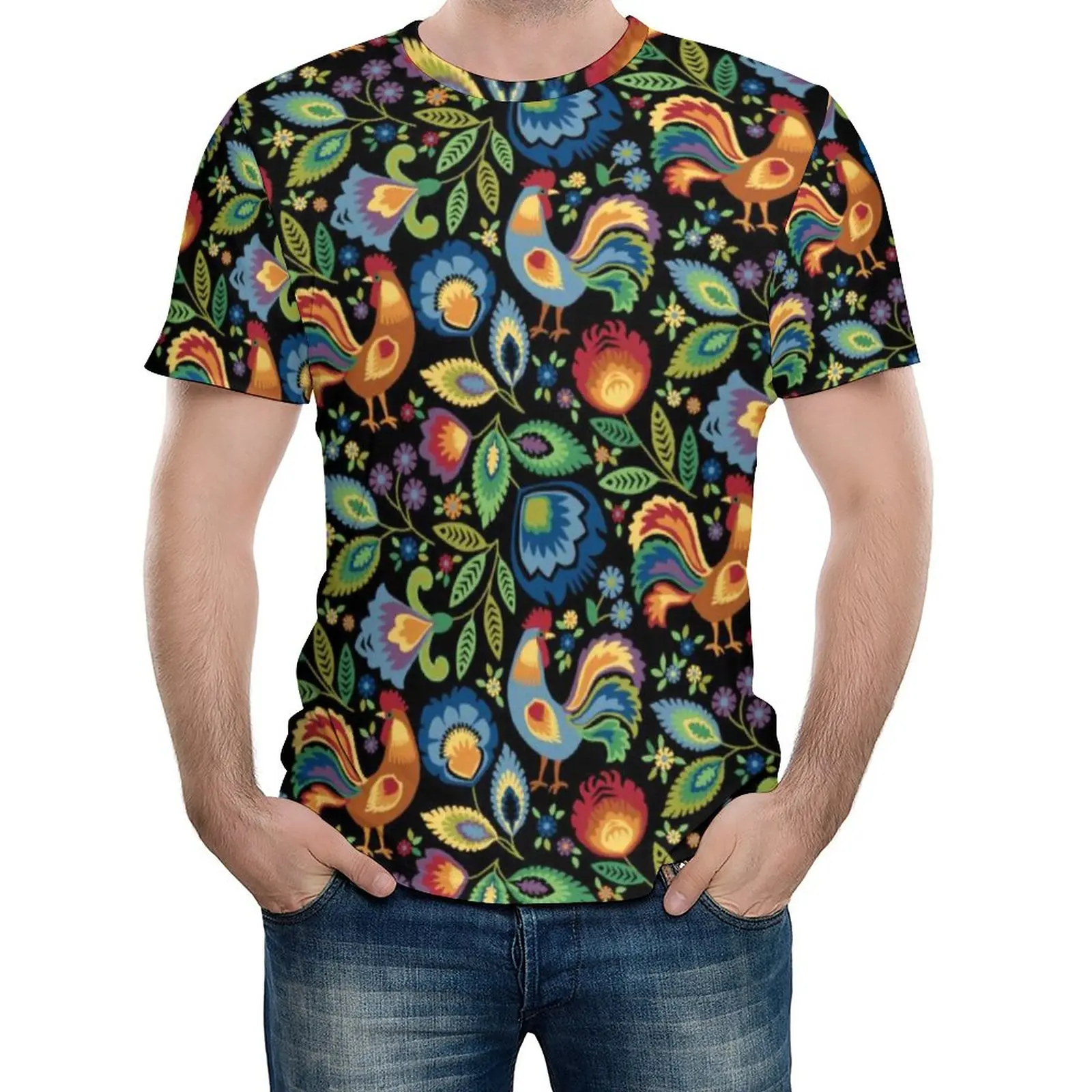 

Pretty Chicken T-Shirt Folk Roosters Leaf Print Y2K T-Shirts O-Neck Trending Tshirt Summer Men Design Top Tees Plus Size 4XL 5XL