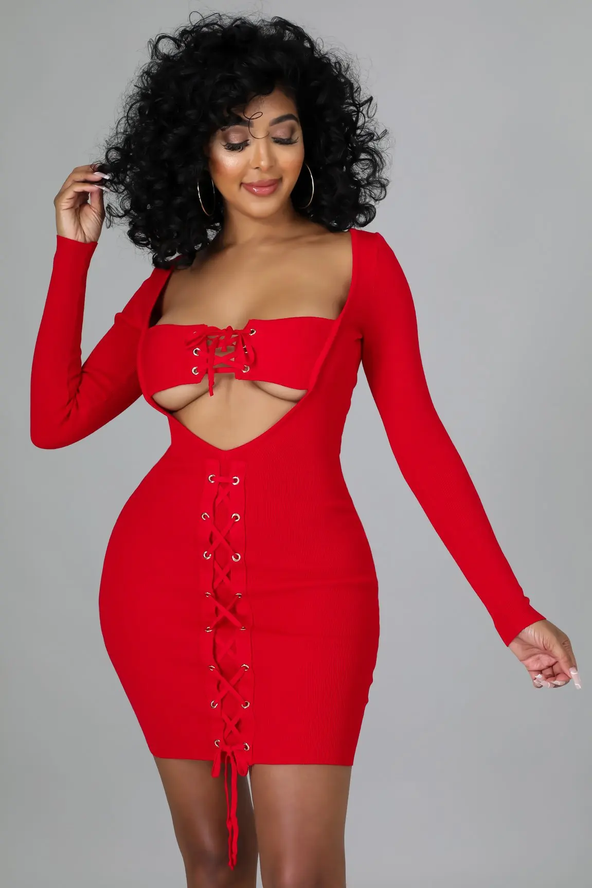 

Long Sleeve Mini Sheath Dress Sexy Women Square Collar Low Cut Hollow Out Dresses