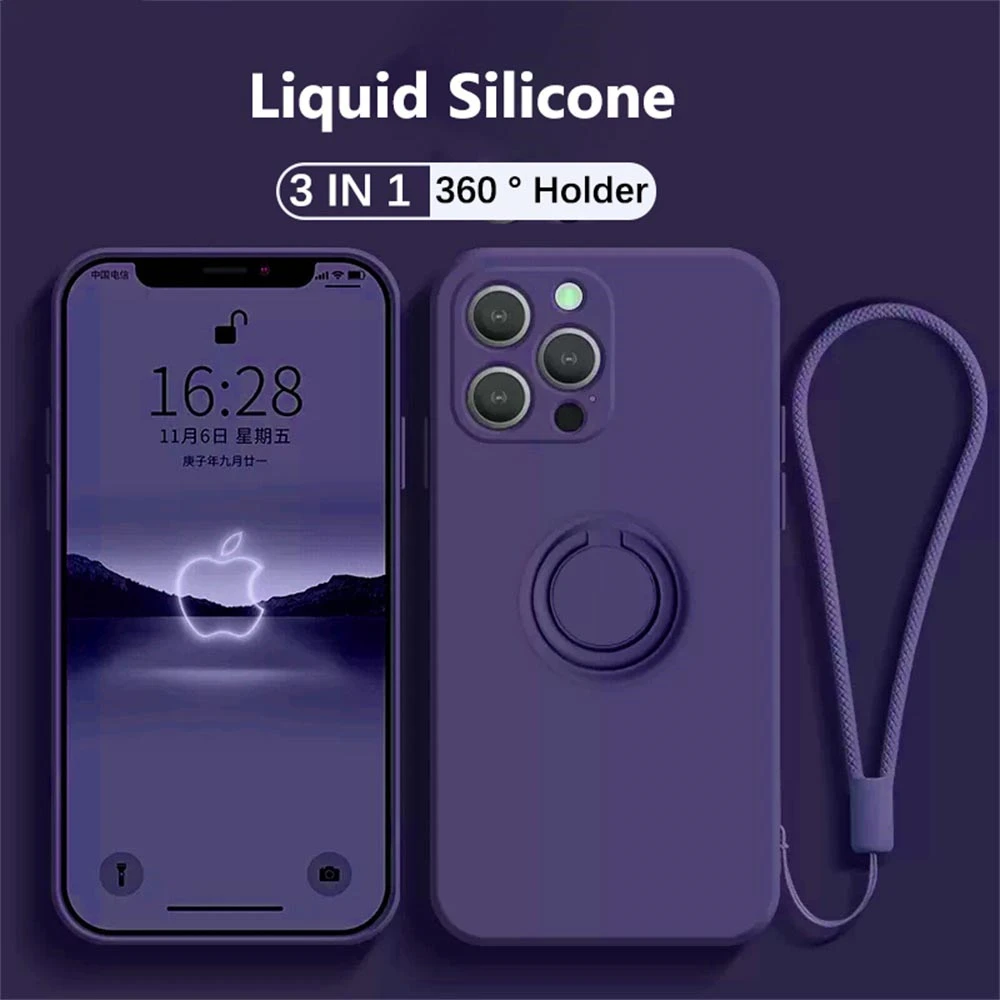 

Magnetic Stand Liquid Silicone Phone Case For iPhone 11 12 13 14 Pro Max XS XR Soft Finger Ring Holder Strap Cover