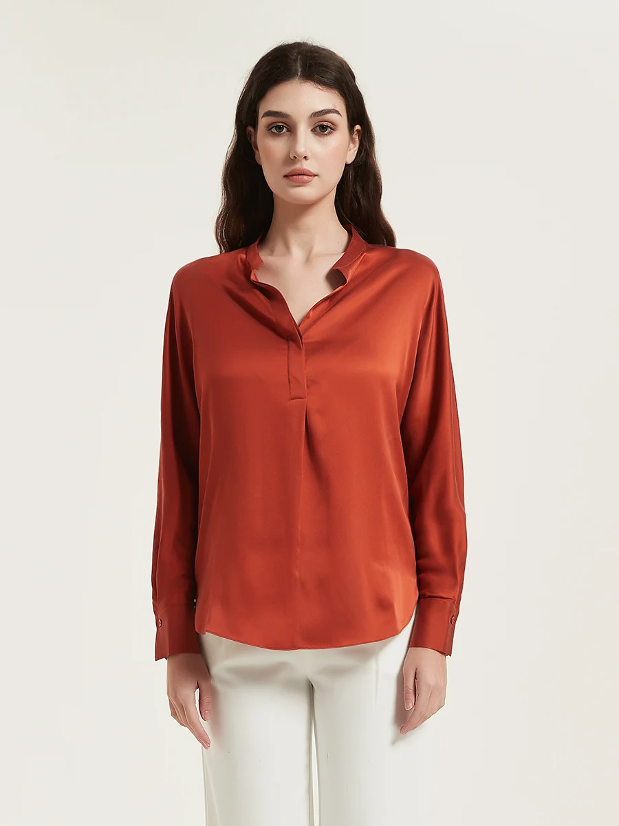 SuyaDream Women Silk Blouses 100%Real Silk V Neck Raglan Sleeves Sandy Wash Chic Shirts 2023 Spring Autumn Office Lady Top Khaki enlarge