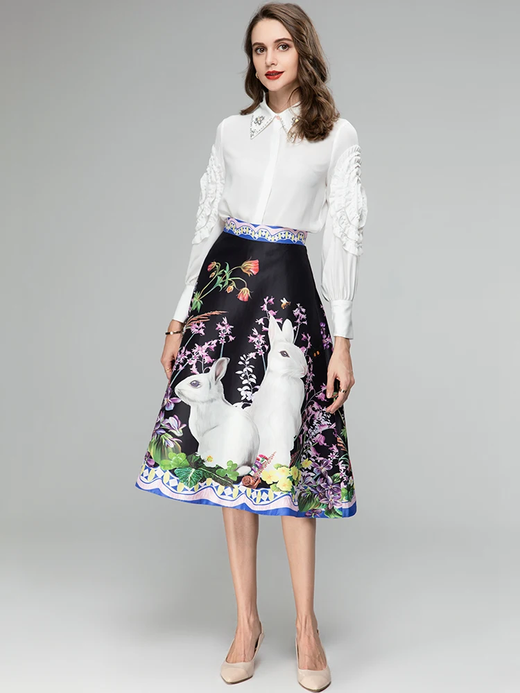 

MoaaYina Fashion Designer Suit Summer Women's Turn-down Collar Lantern Sleeve Diamond Shirt And Animal Printing Skirt Set