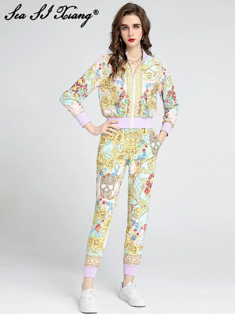 

Seasixiang Fashion Designer Spring Suit Women O-Neck Long Sleeves Beading Jacket + Pencil Pants Indie Folk Print Two Pieces Set