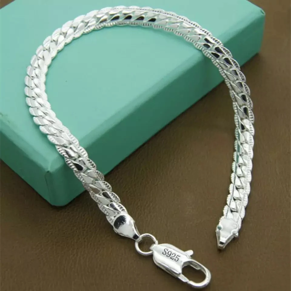 

Fashion 925 Sterling Silver Bracelet Unisex 5MM Flat Snake Chain Lobster Clasp Collares Bracelet For Women Men Gift