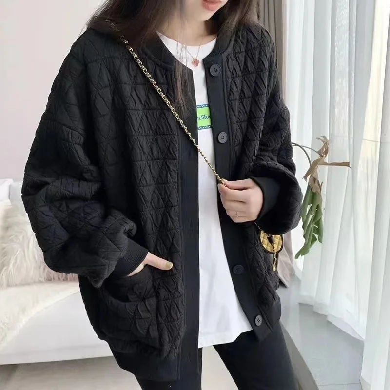 Women's White Rhombus Padded Coat Autumn Winter 2022 Niche Temperament Wild Coat Loose Thickened Baseball Uniform Jacket