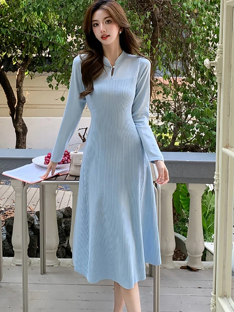 2024 Красное вязаное плотное теплое платье-свитер женское корейское винтажное