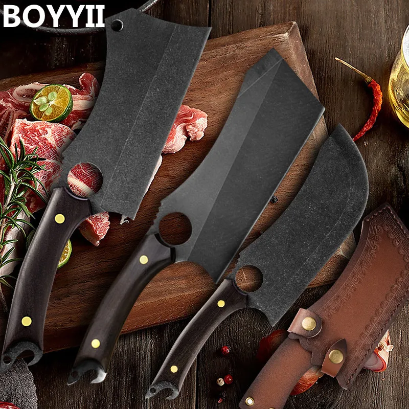 

Kitchen Knife Finger Hole Hand Forged 7Cr17Mov Stainless Steel Camping Meat Cleaver Chef Knife Bone Chopping Butcher Knife Cover