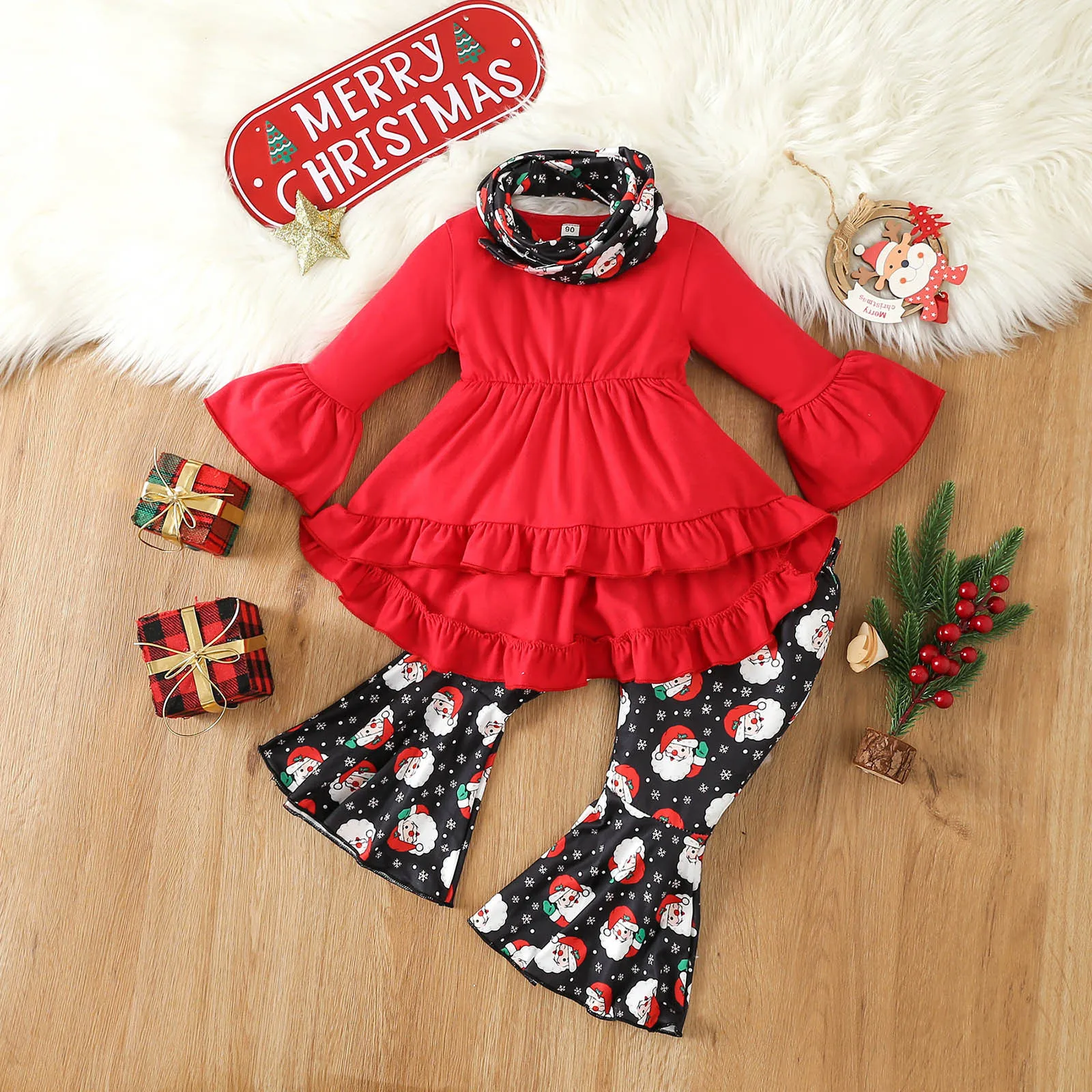 

3Pcs Christmas Outfits 1-6Y Toddler Girls Ruffle Dress Tops+Santa Flare Leggings Pants+Scraf Sets New Year Costume X-mas Clothes