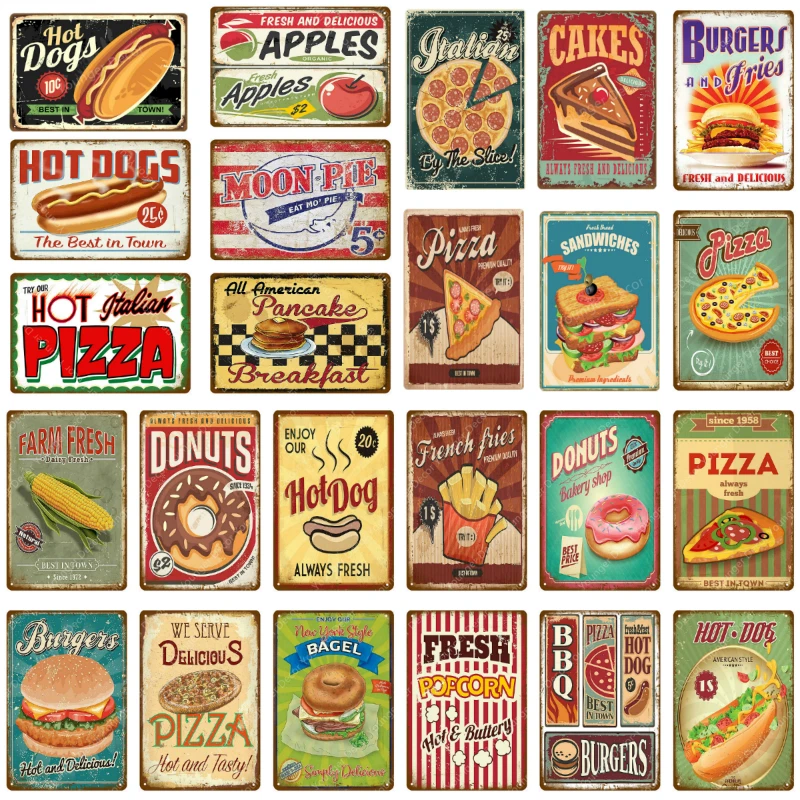 

Hot Dogs Burgers Pizza Metal Signs Bar Wall Decoration Tin Sign Vintage Metal Signs Home Decor Painting Plaques Art Poster YJ173