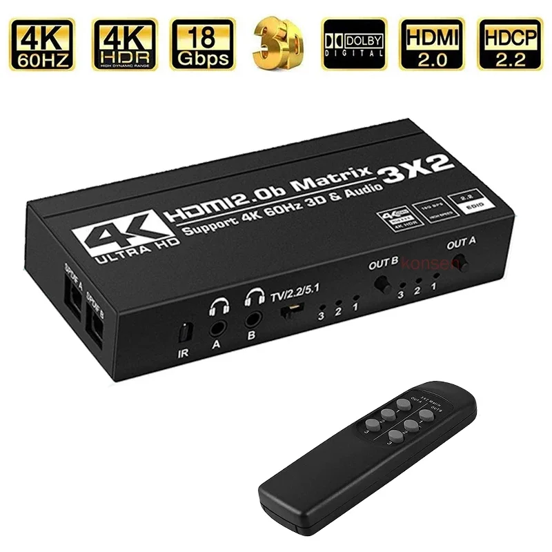 

3X2 HDMI Matrix Switch 3 in 2 out 4K 60Hz Matrix HDMI Switch Splitter with SPDIF L/R 3.5mm Audio out HDR for PS4/5 Xbox TV DVD