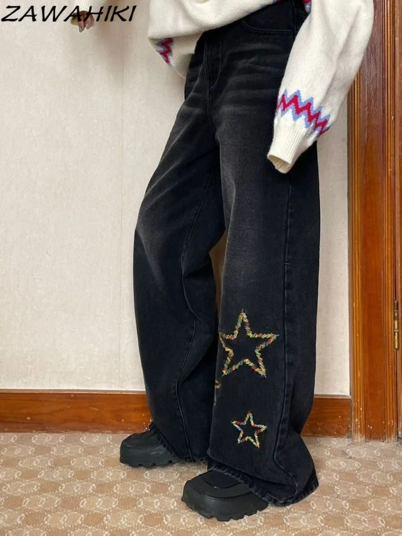 

Colorful Star Graphic Embroidery Spring Autumn Korean Women Jeans High Waist Straight Wide Leg Casual Chic Streetwear Denim Pant