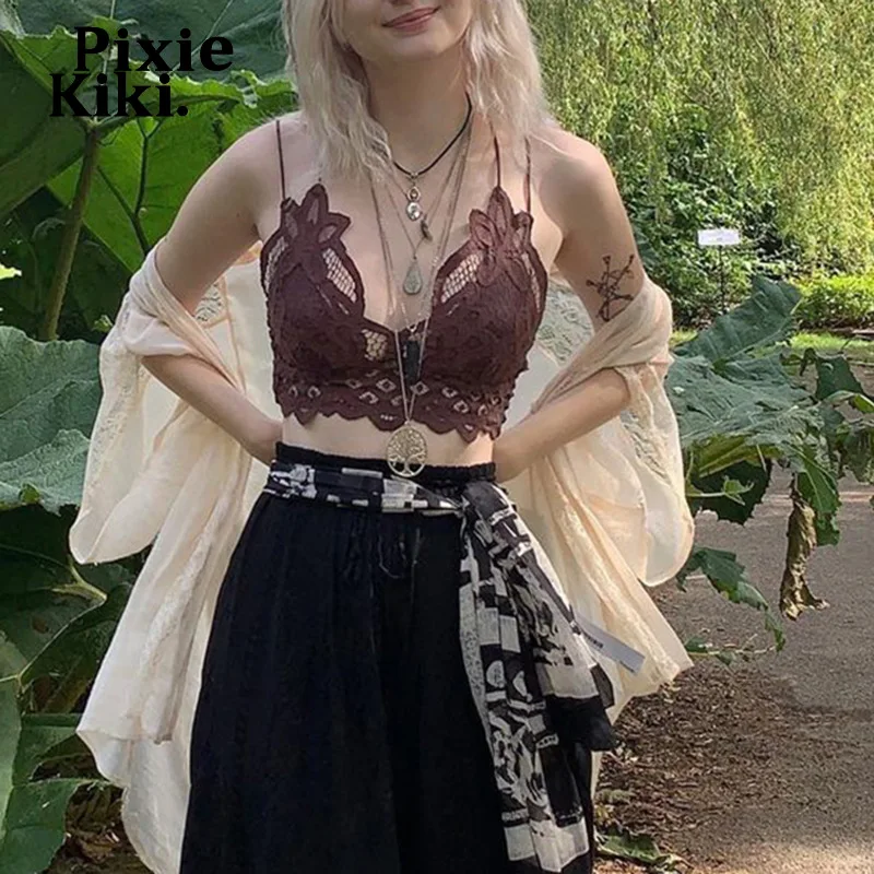 

PixieKiki Witchy Aesthetic Floral Lace Bralette Crop Top Sexy Tanks & Camis Y2k Grunge Brown Embellished Top Rave Wear P84-CI10