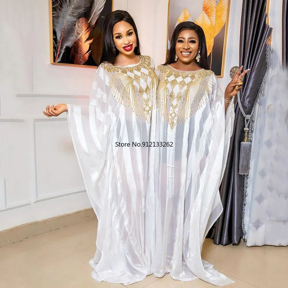 

African Dresses for Women 2023 Spring Summer African Women Long Sleeve O-neck White Polyester Long Dress Maxi Dress And Inner