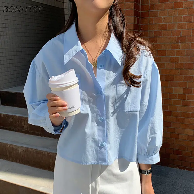 

DUOFAN Women's Shirt Lantern Nine Quarter Sleeve with Pocket Crop Blouse Casual Elegant Single Breasted Loose Lady Basic Tops