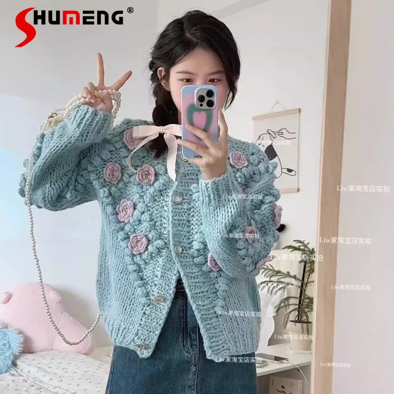 

Blue Three-Dimensional Flower Soft Comfortable Sweater Women Spring Autumn 2023 New Design Sense Niche Knitted Cardigan Clothes
