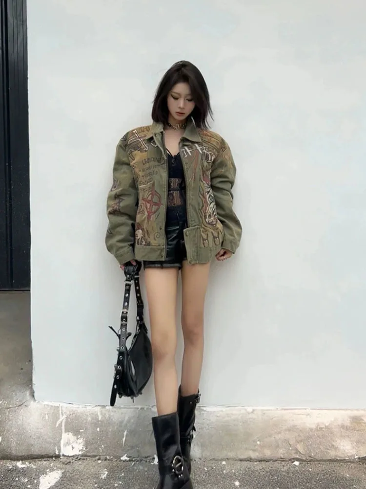 Женская джинсовая куртка с принтом в стиле Харадзюку