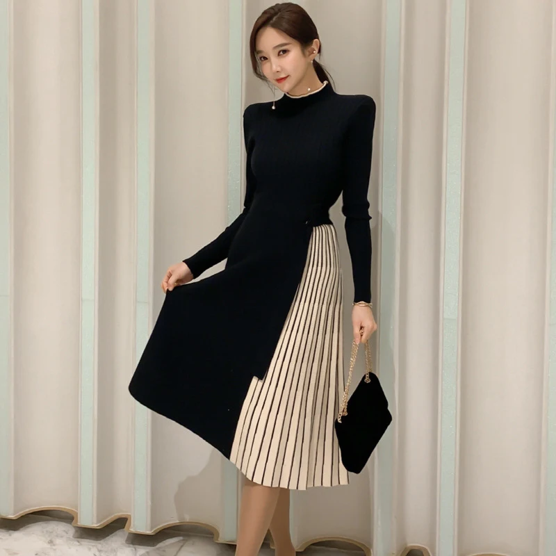 

Women's Spring And Autumn Elegant Knitting Midi Dress Fashion Long Sleeves Splicing Slim Dresses Party Prom Sexy Outfits Vestido
