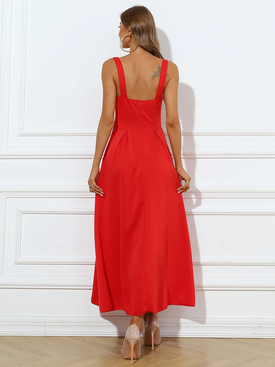 Spaghetti Strap Wedding Party Dress Red Long Dress Sexy V-Neck Robe Ball Gown for Wedding Cocktail Party Bachelor Party