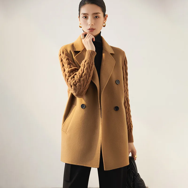 

Women Stitching Wool Cashmere Coat Double Breasted Straight Loose Long Sleeve Female Jacket Autumn Winter 2022