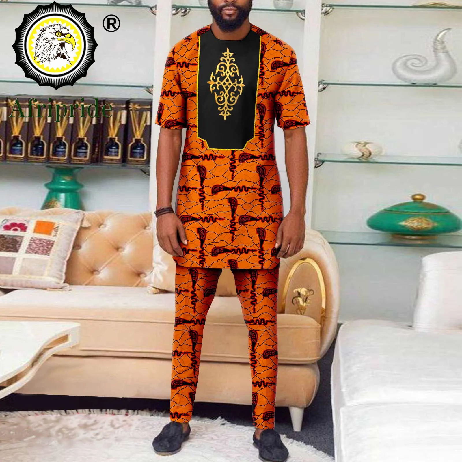 Tracksuit Men African Clothes Short Sleeve Embroidery Print Tops and Pants 2 Piece Set Dashiki Outfits Plus Size Casual A2216075