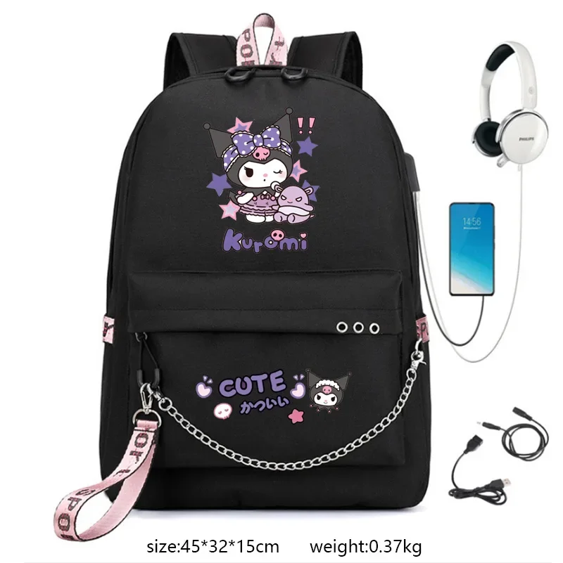 

New Sanrio Kuromi Backpack Korean Version Student Girl Large Capacity USB Charging Birthday Gift Zipper Shoulders Accessories