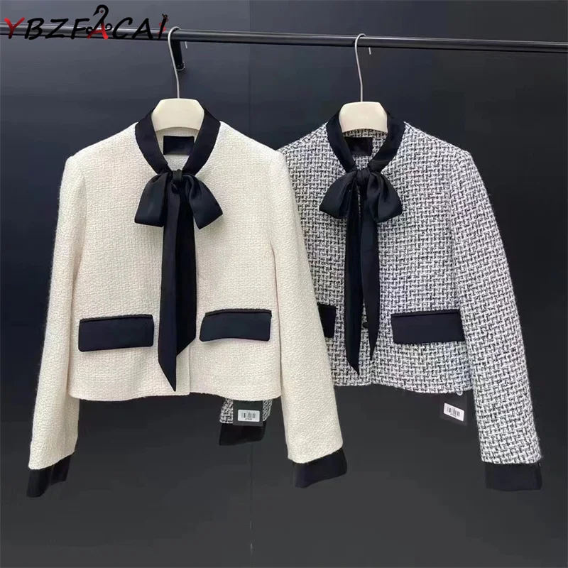 

French Luxury Grey Tweed Jacket Women Fall Winter Coat Elegant Bow Neck White Tweed Coat + Black Skirt Set Long Sleeve Short Top