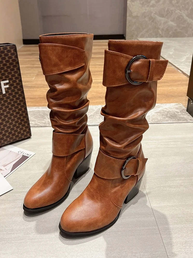 

Женские ботинки челси на высоком каблуке, модные мотоциклетные ботинки до середины икры, повседневная обувь на массивном каблуке, Осень-зима 2022