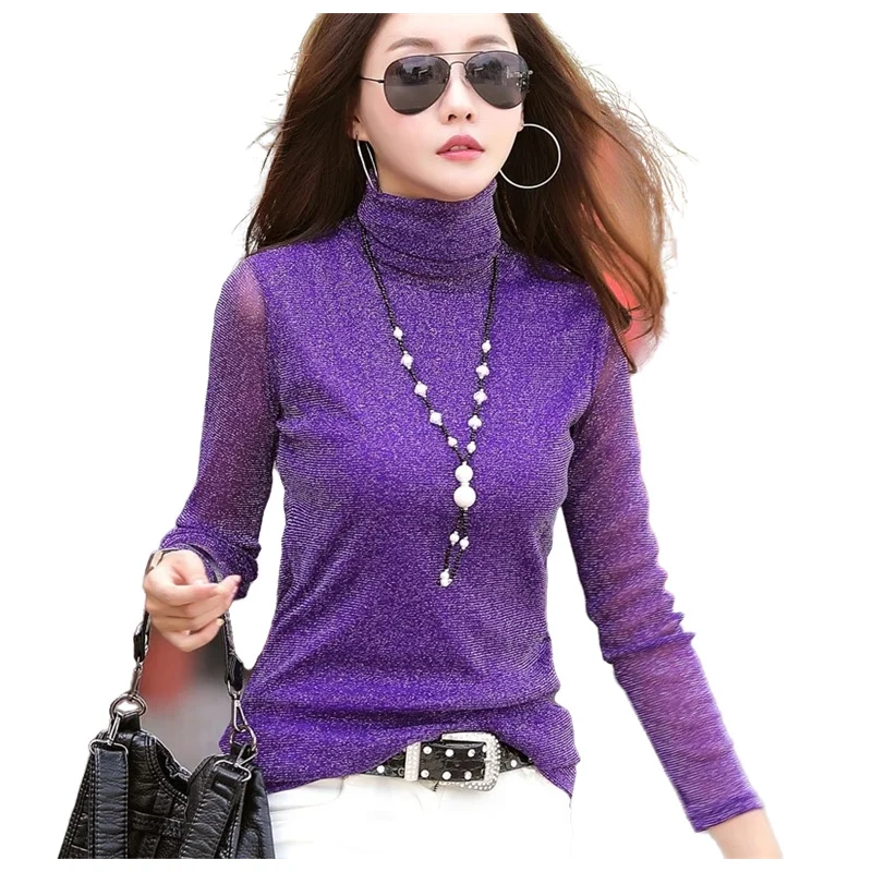 

Женская футболка с длинным рукавом, весенняя и осенняя водолазка, облегающие топы с низом, яркая сетчатая шелковая водолазка