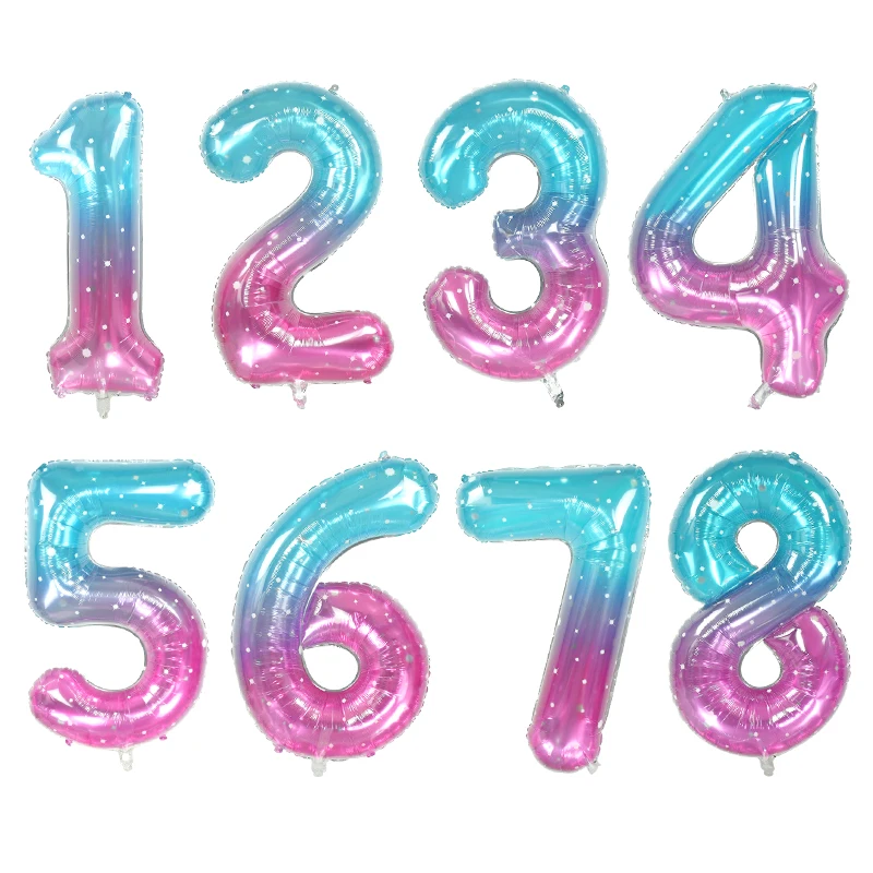 Купи 0-9 Rainbow Starry Sky Number Foil Balloon Birthday Party Blue Pink Gradual Starry Helium Ball Wedding Shower Party Decoration за 101 рублей в магазине AliExpress