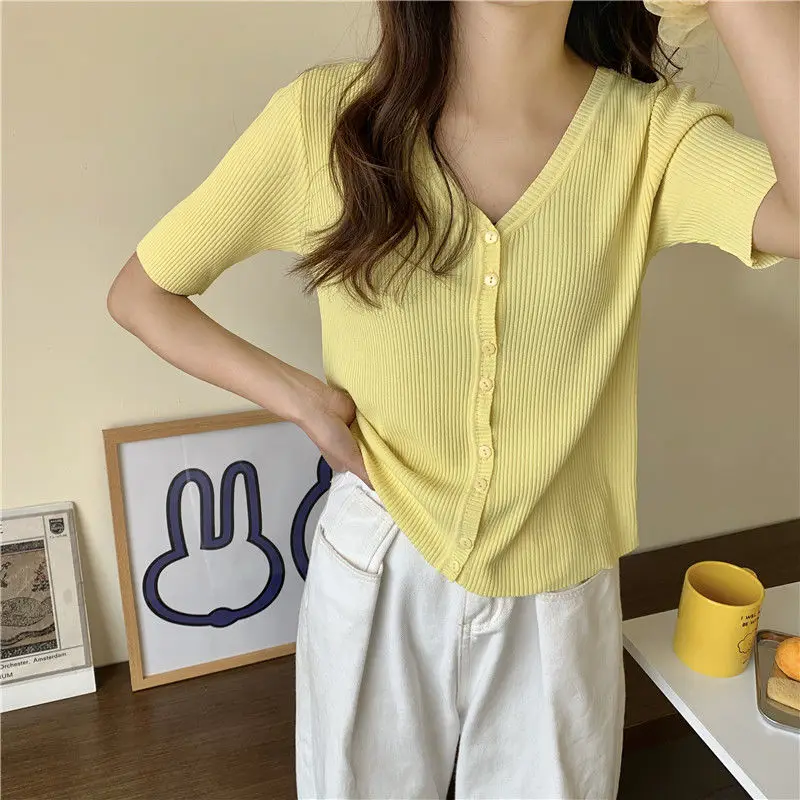 

new fashion girl summer clothing knitted jacket slim short cardigan women summer short sleeve v-neck blouse