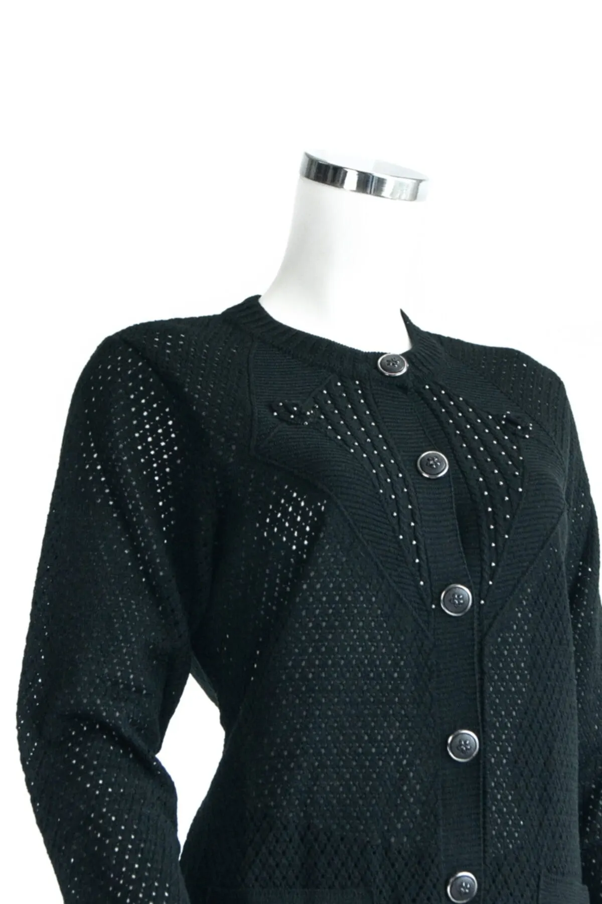 

Women's Cardigan Black Mom Boutique With Button Pocket Mesh Woven Comfortable Cut Mercerized Fabric Sweaters