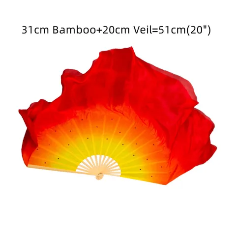 Шелковая вуаль с огненным пламенем, удлиненные двухсторонние слои, 100% шелк, бамбуковый веер, красный, оранжевый, желтый, легкий вес, реквизит для танцовщицы, китайский