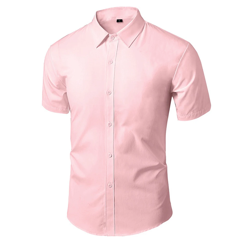 

New Arrivals Summer Man Short Sleeve Shirt Solid Fitness Mens Stand Collar Super Slim Fit Business Dress Shirt Button Gym Tops