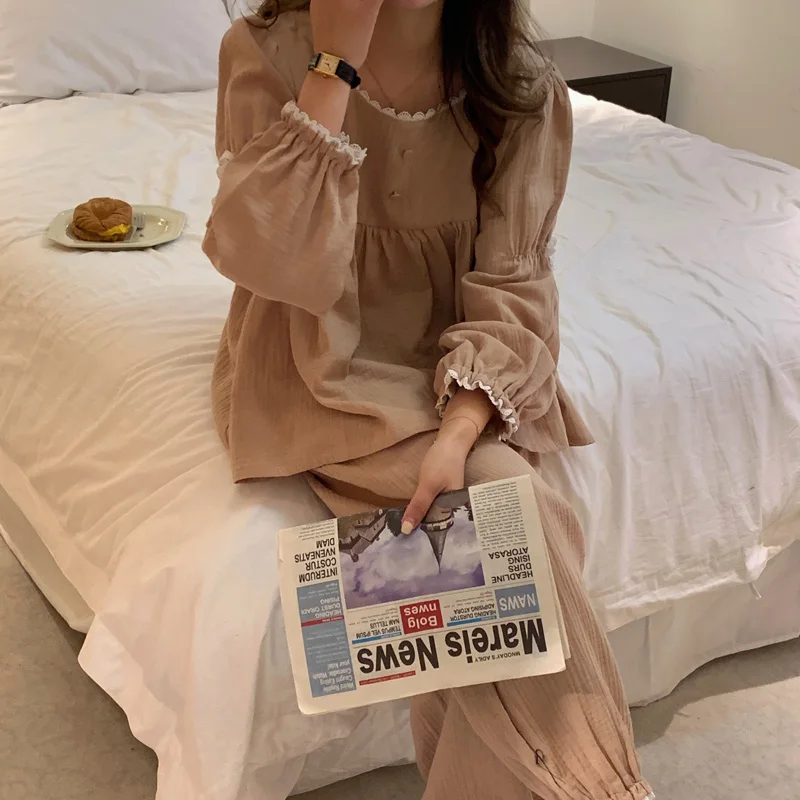 Cotton Autumn Pajamas Set Women O-Neck Bow Long Sleeve Shirts + Trousers Vintage Casual Sleepwear Two Piece Home Suit