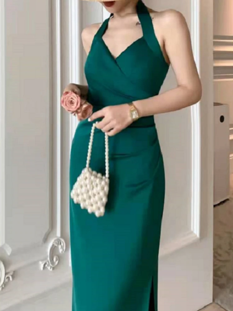 

Женское летнее элегантное платье миди с лямкой на шее, облегающее пикантное тонкое платье без рукавов, женская модная винтажная верхняя одежда, 2022