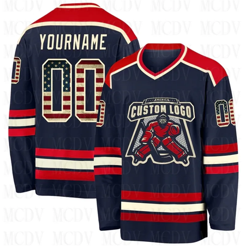 

Custom Navy Vintage USA Flag Cream-Red 3D Print You Name Number Youth Mens Women Ice Hockey Jersey Competition Training Jerseys