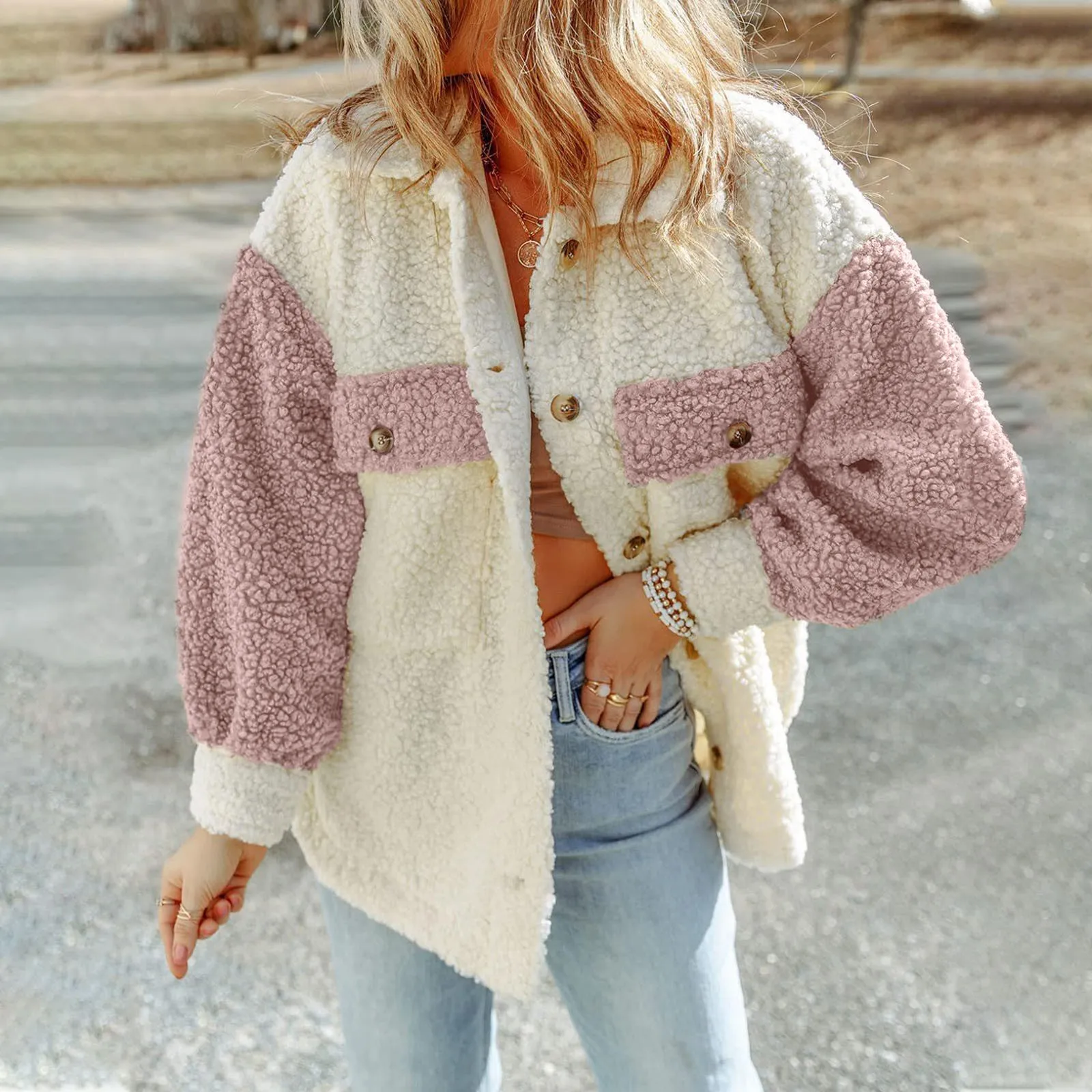 

Пальто женское с двумя карманами, стильная уличная одежда, пушистая верхняя одежда с цветными блоками, с длинным рукавом, с лацканами, пальто на осень