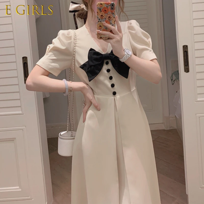 

E GIRLS Korean Fashion Solid Elegant Midi Dresses Women Casual Short Sleeve Sweet Vintage Dress Office Ladies Bow Design Sumemr