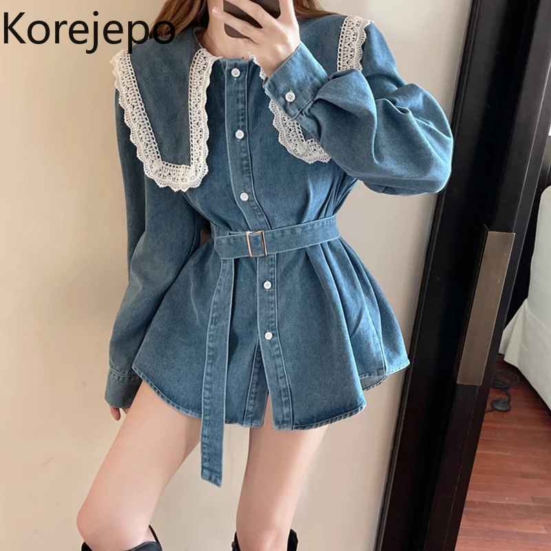 

Korejepo Denim Shirt Baby Collar Women Spring Antumn 2022 New Korean Chic Fashion Waist Closing Lace Retro Long Sleeve Top