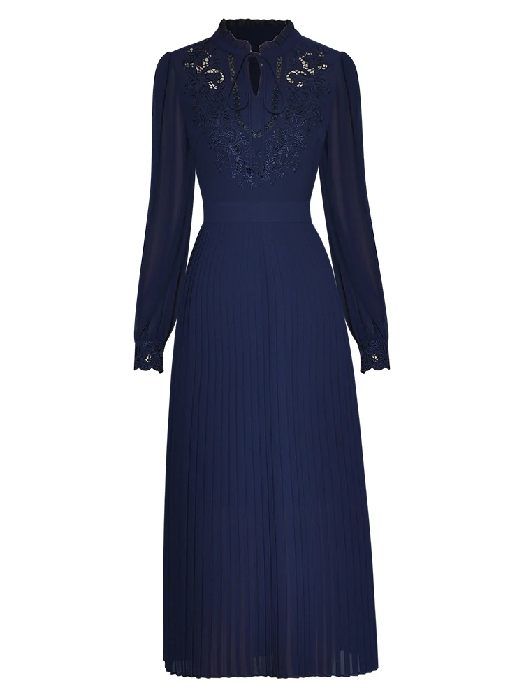 

Designer Runway Fashion Spring New High Quality Women's Party Casual Vintage Elegant Chic Embroidery Delicate Pleated Midi Dress