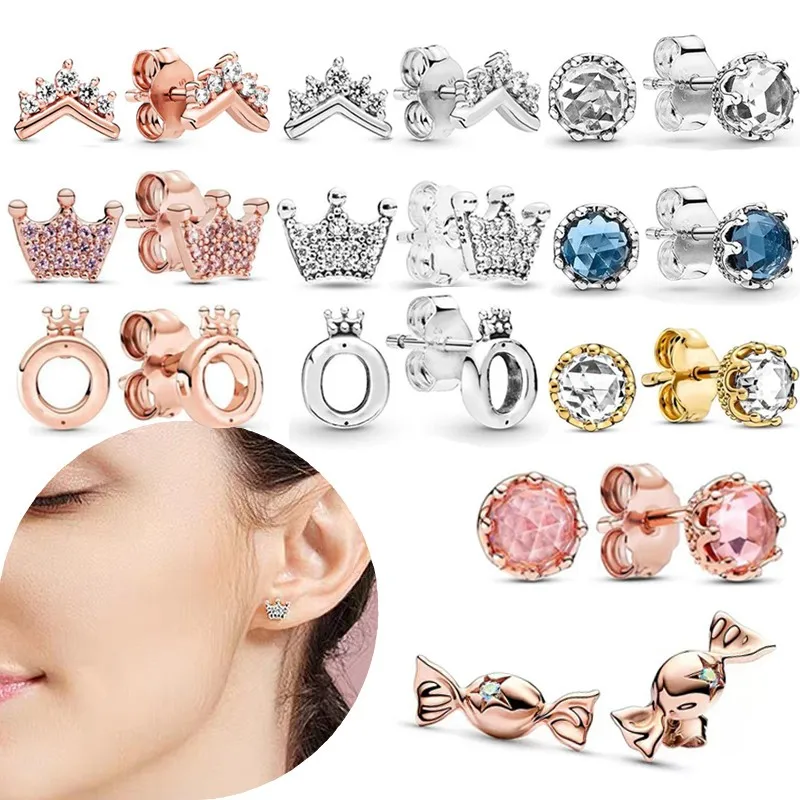 

925 Silver Hot Selling Transparent Gem Shining Princess Crown Wishing Bone Women's Earstuds Light Luxury Versatile DIY Jewelry