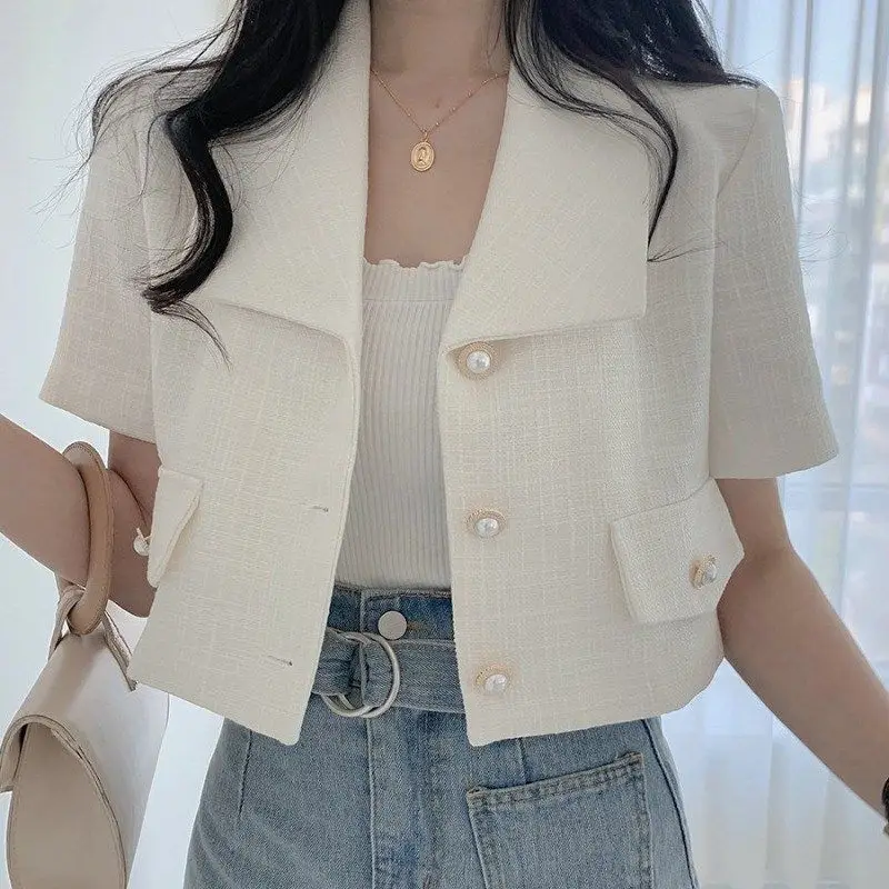 

Blazers Women Summer Short Style All-match Solid Outwear Single Breasted Beige Fashion New Clothing Office Lady Cropped E02