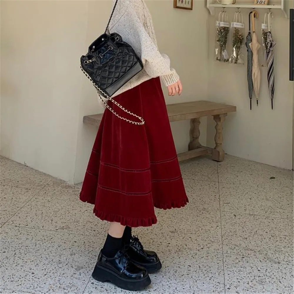

Vintage Corduroy Ruffle Pleated Skirt Japanese Students Sweet All-Match Burgundy Skirt Women High Waist Midi Skirt 2022
