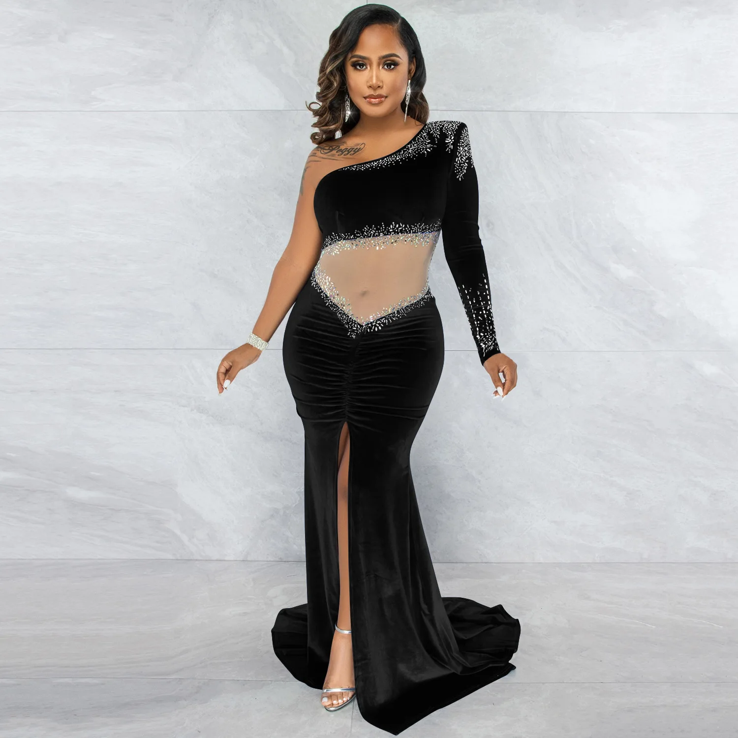 

Женское бархатное платье с одним открытым плечом, Сетчатое лоскутное платье с длинным рукавом и кристаллами, элегантные блестящие платья, в...