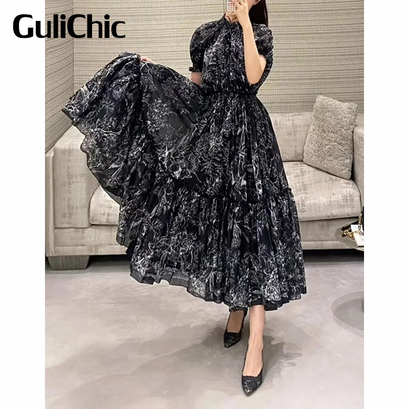 

2.28 GuliChic Women Temperament Print V-Neck Lace-Up Puff Sleeve Collect Waist Midi Flared Dress