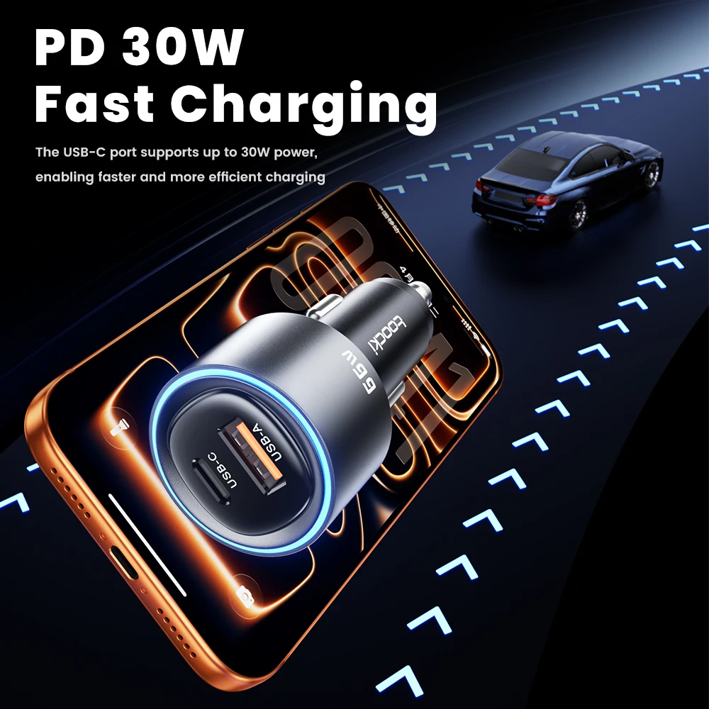 Фото Автомобильное зарядное устройство Toocki 66W USB Type-C с быстрой зарядкой PD 30W SFC PPS для iPhone 17 16 15, Samsung Galaxy S26 S25, Xiaomi, Huawei №2