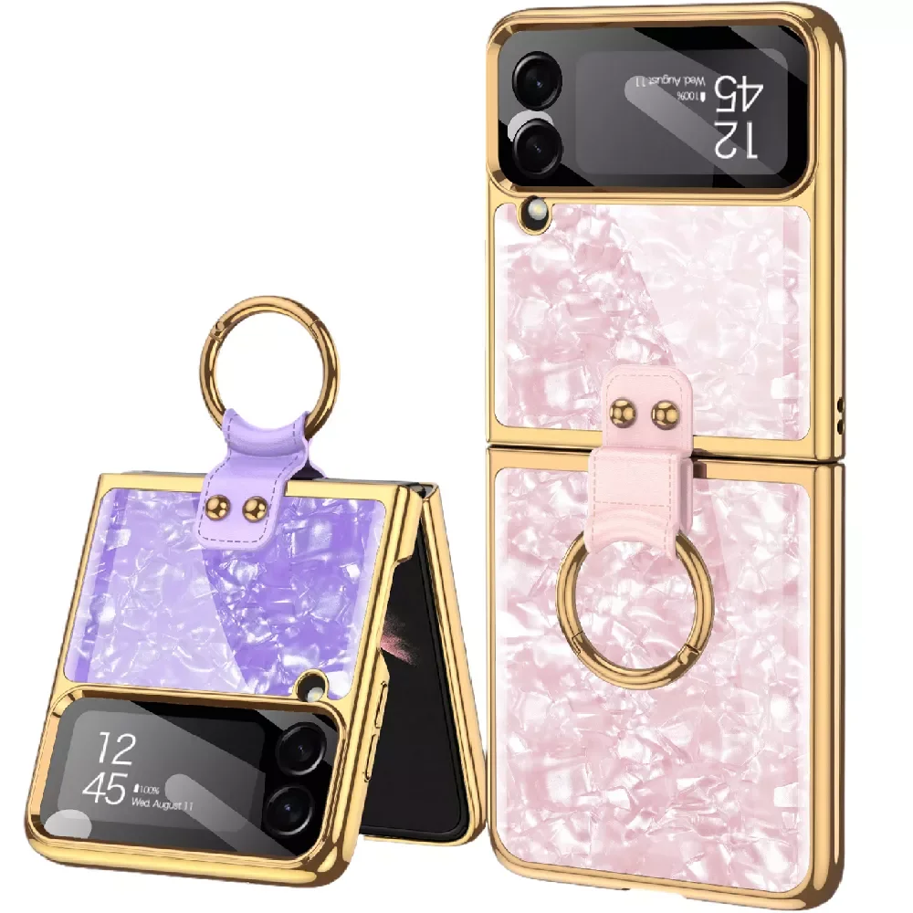 Light Luxury Phone Case  Galaxy Z Flip 4 Fashion Mother Shell with Plating Ring Holder and Screen Protective Film